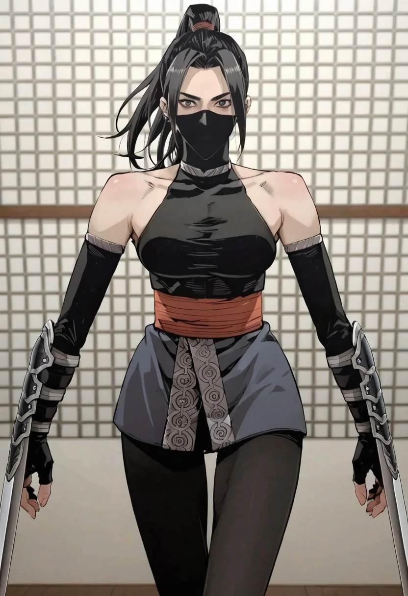 score_9, score_8_up, score_7_up, source_realistic, pov, close up, BREAK 1 girl, solo, huak bi, long hair, black hair, ponytail, ninja clothes, mouth mask, ninja mask, black crop top, bare shoulders, obi, elbow gloves, fingerless gloves, leather leggings , ninja boots, battle stance