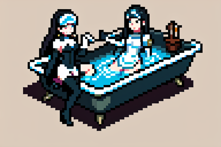 highly insanely detailed, masterpiece, top quality, best quality, highres, 4k, 8k, RAW photo, (very aesthetic, beautiful and aesthetic),  
beth_\(megami_tensei\),bethsmtii,shin megami tensei ii,long hair,black hair,straight hair,sleek black,jewelry,cross,headband,red_lipstick,white gloves,white footwear,holy_knight,holy_knight_armor,breastplate,long white gloves,heeled_boots,armored_heels,elbow gloves,elbow pads,thigh boots, 
<lora:zs_Beth:0.5>, 
(1girl:1.3), 1other, 
Bathhouse,Steam-filled chamber with a sunken bathing pool lined with tiles,shelves stacked with aromatic oils and perfumes,woven baskets for towels,flickering oil lamps,and intricate tile mosaics depicting scenes of daily life,floral background,âââ