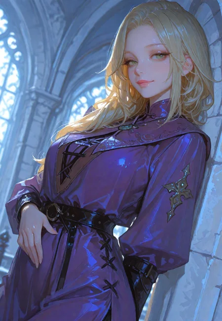 (score_9, score_8_up, score_7_up), white theme, masterwork, masterpiece, best quality, dynamic pose, dynamic angle, (realistic:1.4), (lineless:1.2), detailed, <lora:Detailer_NoobAI_Incrs_v1:0.75>, , aged up, adult, depth of field, blurry, cheekbones, dynamic lighting, high detail, 8k girl, kawai girl,Expressiveh, good_hands, best quality,mature woman, score_9, score_8_up, score_7_up, Anime Style, Cowboy Shot, Rapunzel, cute, seductive, innocent, light smile:0.3, plump lips, slender body, long blonde hair, green eyes, cinematic light, purple dress, happy, medieval castle background, depth of field, dynamic angle, fashion photography, sharp, hyperdetailed:1.15