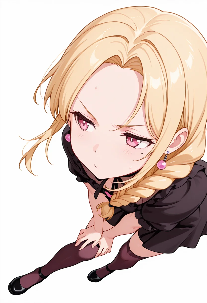masterpiece,high quality details, absurdres,
<lora:Yuriko:0.8>
yuriko_cnr, 1girl, blonde hair, long hair, single braid, pink eyes, mole, mole under eye,earrings,, simple background, white background, sideways,solo,, in heat,pain,, :/,, dynamic pose,forehead resting on knees,walking motion,, gothic blouse ,heart cutout,culottes, ,var-legwear,