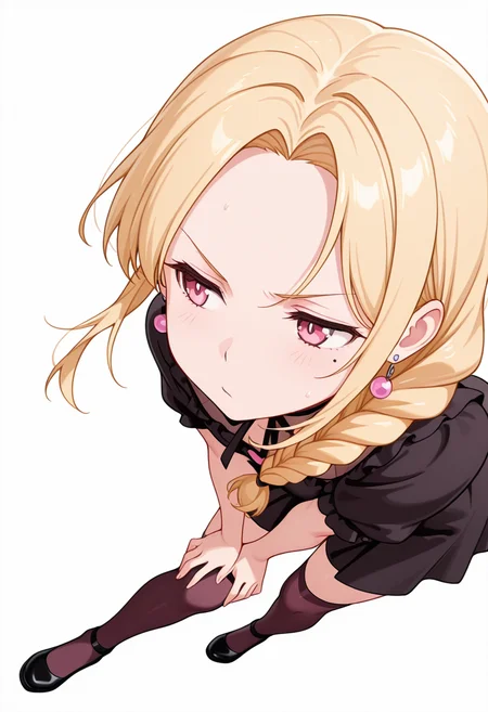 masterpiece,high quality details, absurdres,
<lora:Yuriko:0.8>
yuriko_cnr, 1girl, blonde hair, long hair, single braid, pink eyes, mole, mole under eye,earrings,, simple background, white background, sideways,solo,, in heat,pain,, :/,, dynamic pose,forehead resting on knees,walking motion,, gothic blouse ,heart cutout,culottes, ,var-legwear,