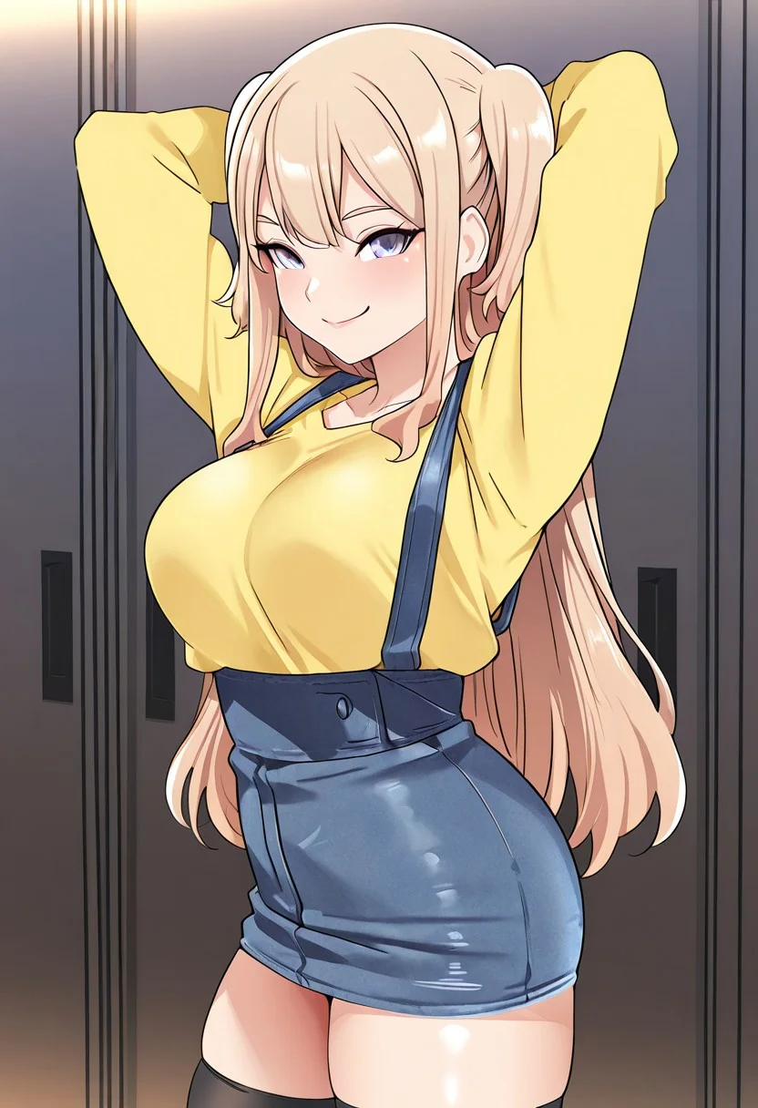 1girl, solo, (( <lora:kousaka_airi:1> , kousaka_airi, beautiful light blue eyes, clear eyes, bright pupils, beautiful eyes, beautiful blonde hair, beautiful long hair with twintails, long sideburns, bangs, huge and shaggy breasts, short busty woman, thin waist, wide hips, beautiful skin, natural beauty, extraordinary beautiful woman, attractive woman, super sexy woman, lustful body, sexy woman with seductive obscene body, sensual body, voluptuous body, sexy beauty, )) , ((long-sleeves yellow top, denim overall skirt, black thighhighs, )) , looking at viewer, sexy pose, cowboy shot, seducative smile, sexy, hands behind head, <lora:punishments_for_bad_girls_style:1> , punishments_for_bad_girls_style