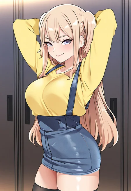 1girl, solo, (( <lora:kousaka_airi:1> , kousaka_airi, beautiful light blue eyes, clear eyes, bright pupils, beautiful eyes, beautiful blonde hair, beautiful long hair with twintails, long sideburns, bangs, huge and shaggy breasts, short busty woman, thin waist, wide hips, beautiful skin, natural beauty, extraordinary beautiful woman, attractive woman, super sexy woman, lustful body, sexy woman with seductive obscene body, sensual body, voluptuous body, sexy beauty, )) , ((long-sleeves yellow top, denim overall skirt, black thighhighs, )) , looking at viewer, sexy pose, cowboy shot, seducative smile, sexy, hands behind head, <lora:punishments_for_bad_girls_style:1> , punishments_for_bad_girls_style