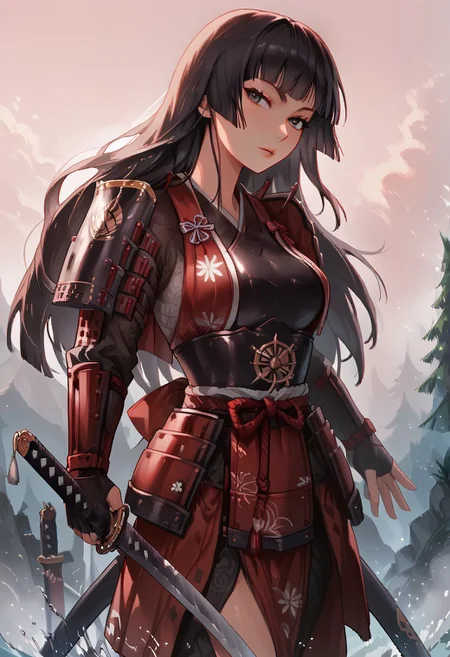 score_9, score_8_up, score_7_up,  1 woman, Japanese, samurai, looks around 20, long hair, straight hair, black hair, medium natural breasts, female focus, katana, samurai armor, rushing at viewer
