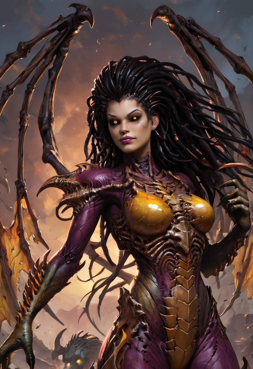 1girl, Kerriganxl, long hair, dreadlocks, black hair, claws, bone wings, glowing yellow eyes, black sclera, chitin armor, bodysuit