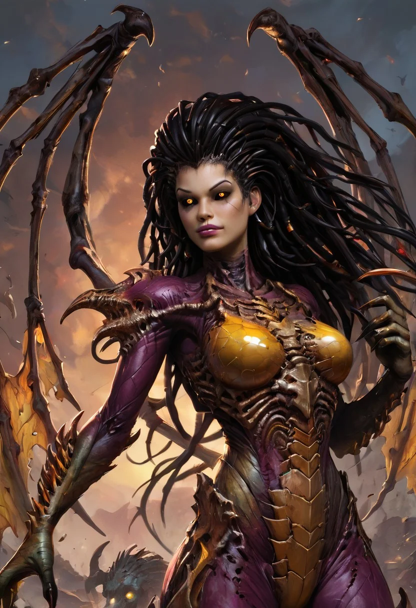 1girl, Kerriganxl, long hair, dreadlocks, black hair, claws, bone wings, glowing yellow eyes, black sclera, chitin armor, bodysuit