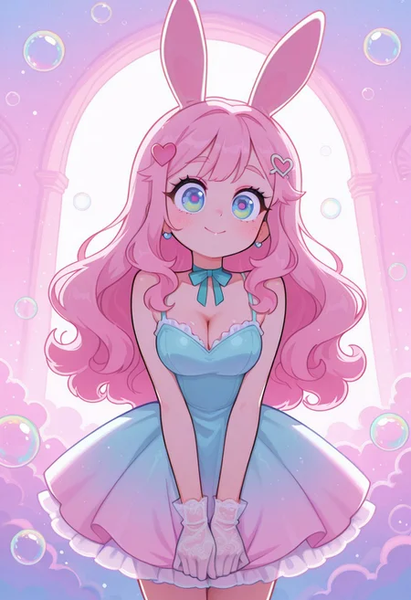 incredibly_absurdres, amazing_background, best quality, masterpiece, very awa, detailed eyes, detailed face, detailed skin, anime, cinematic light, colorful,pose BREAK,1girl, pink hair, long curls, blue eyes, bunny ears, heart-shaped hairpin, ribbon choker, frilly dress, lace gloves, pastel colors, cheerful, bubbly, kawaii_babes_style, SNRA-illu