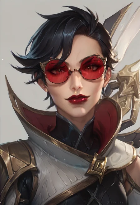 score_9, score_8_up, beautiful face, masterpiece, high detail, (1 girl:2), (detailed face:1.8), (face focus:1.5), red lipstick, (zoom in:1.4), (light skinned female:1.6), (pale female:1.2), SentinelVayne, black hair, short hair, smirk, simple background, circle_tinted_glasses, circle framed glasses, red sunglasses, upper body <lora:Sentinel_Vayne_PonyXL:0.8>