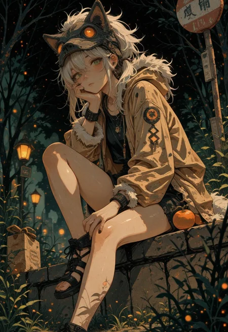 ukiyo-e, ligne_claire, (phantom_ix_row, ireading, akizero1510, alchemaniac:0.4),
1 girl, green eyes, two-tone hair, blonde hair, (white hair: 1.3), two ponytails, hair on one eye, bangs, long loose half-open hoodie, very short skirt,
sitting, close-up,
bus stop, grocery package, city
BREAK
<lora:NOOB_vp1_detailer_by_volnovik_v1:0.5> <lora:noobai_ep11_stabilizer_v0.114_fp16:0.5> <lora:ponyv6_noobV1_2_adamW:0.3>
scenery, (blurry background:1.1), (blurry foreground:1.2), (depth of field:1.1), dark, night, (dappled moonlight:1.1), (sidelighting:1.1), (black sky:1.1), horizon, (vanishing point:1.1), green clouds, green smoke, green fog,
from below, perspective, looking down, looking at viewer, staring, sitting, hand on own knee, knee up, feet on stone, head rest, hand on own chin, thinking, 
1girl, solo, blonde hair, black hair, medium hair, wolf cut, multicolored hair, gradient hair, (wolf pelt helmet:1.1),  detached sleeves, fur-trimmed sleeves,  red eyes, thick eyelashes, long eyelashes, slit pupils, glowing eyes,  tribal theme, tribal amulet, tooth necklace, sandals, pale skin, black nails, sharp fingernails,
masterpiece, best quality, amazing quality,
(sketch:1.1), (realistic:0.75),  (shiny skin:1.1),
(mzet:1.1), (m omoo:1.1),  (solipsist:0.9), (mogutofuoes, shiren \(ourboy83\):1.1),