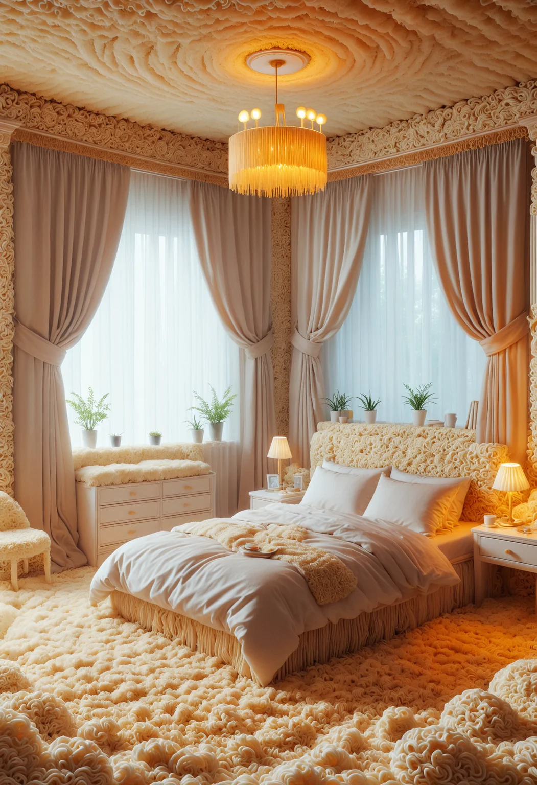 a fancy bedroom setting, (Cozy:1.2) bed with (fluffy:1.1) pillows, (soft:1.1) ambient lighting, (peaceful:1.2) color palette, (dreamy:1.1) curtains, (subtle:1.1) floral decor, (gentle:1.1) breeze through open window, made out of noodles, <lora:PinkieNdlsSDXL-000002:1>, p1nkn00dles,