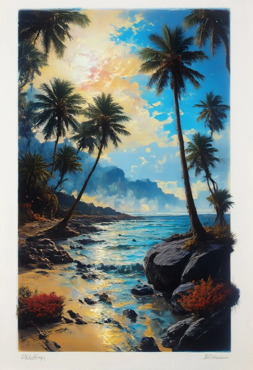 reijfrmd, white frame, ink, detailed photorealistic image, tropical beach with palm trees, vivid clear blue ocean over corals, sunset, dramatic sky