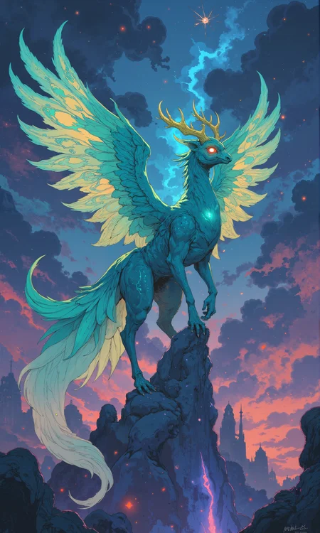 A radiant, mythical creature resembling a majestic, multi-winged peacock, adorned in shimmering hues of turquoise, sapphire, and emerald. Its feathers are detailed with luminescent patterns resembling sacred runes, each intricately glowing with arcane energy. The creature stands atop a luminous, crystalline spire, exuding an ethereal presence. Its eyes are orbs of light, emanating wisdom and an enigmatic allure, set in a head crowned with golden, slender antlers. Enveloping the scene, an aura of mist infused with vibrant glimmers of light creates an enchanting atmosphere. The background is a twilight sky, painted in gradients of violet and indigo, filled with wisps of iridescent clouds that reflect the creature's brilliant glow. The artwork is a masterpiece, rendered in lush detail, capturing the delicate interplay of light and shadow, producing a mesmerizing, mythical vision. The lighting is mystical, with radiant highlights accentuating the creature's divine features. <lora:Semi-realisticPortraitPainting:0.4> <lora:Let_It_Blaze_in_Crimson_anime_v1.0:0.6> <lora:flux_dev:1>