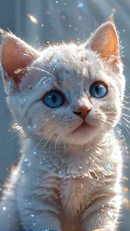 breathtaking <lora:CatSaviorXL:0.9>,
CatSavior,no humans,animal focus,whiskers,cat,realistic,head lift,animal,blue eyes,simple background,sparkle,light particles,shiny,
(light particles:1.7),(glowing:1.4),(shiny:1.5),(shone:1.3),medium_shot,sunlight,backlighting,<lora:xl_more_art-full_v1:0.6>,(4 kittens:1.3),kitten,white cat,, best quality , masterpiece, illustration, an extremely delicate and beautiful, extremely detailed ,CG,unity,8k wallpaper, Amazing, finely detail, masterpiece, best quality,official art,extremely detailed CG unity 8k wallpaper,absurdres, incredibly absurdres, huge filesize , ultra-detailed, highres, extremely detailed,beautiful detailed girl, extremely detailed eyes and face, beautiful detailed eyes,light on face, . award-winning, professional, highly detailed