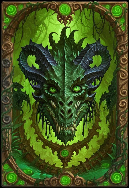 Card, Tarot, graphic border, Illustrative, Dark, angelic, porcelain, black dragon head, detailed, horns, animal skulls, bright background, green eyes, swamp,
score_9, score_8_up, score_7_up,