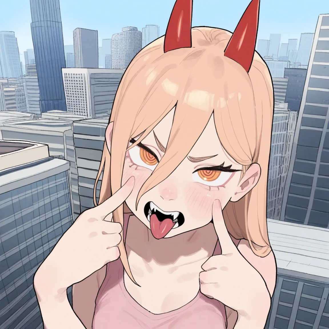 masterpiece, best quality, very aesthetic, absurdres,gloss,uncensored,outdoors, city, skyscraper,on rooftop, rooftop,
power_(chainsaw_man), chainsaw_man, 1girl, blonde_hair, yellow_eyes, (akanbe:1.3), tongue out, looking at viewer, fangs, eyelid pull, foreshortening,upper body, pink tank top,
<lora:bee_deadflow-fandingo-ill:0.8>