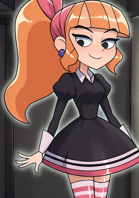 (((2d anime, masterpiece ))) ,looking at viewers,((tall, good proportion,curvy:1.4,))(dynamtic lighting:1.4),full body,smile, happy, looking at viewers, smug <lora:teodorapony:0.7> teodora, score_9, source_anime, teodorapony, 1girl, solo, jewelry, earrings, long hair, orange hair, black eyes, bandana, bangs, ponytail, blunt bangs,((striped, striped thighhighs, thighhighs:1.4, dress, black dress, puffy sleeves, long sleeves, skirt, shirt, collared shirt, white shirt)),((shiny skin:1.5)), anime style,perfect face <lora:stocking-anarchy-ponyxl-lora-nochekaiser:1.4>
