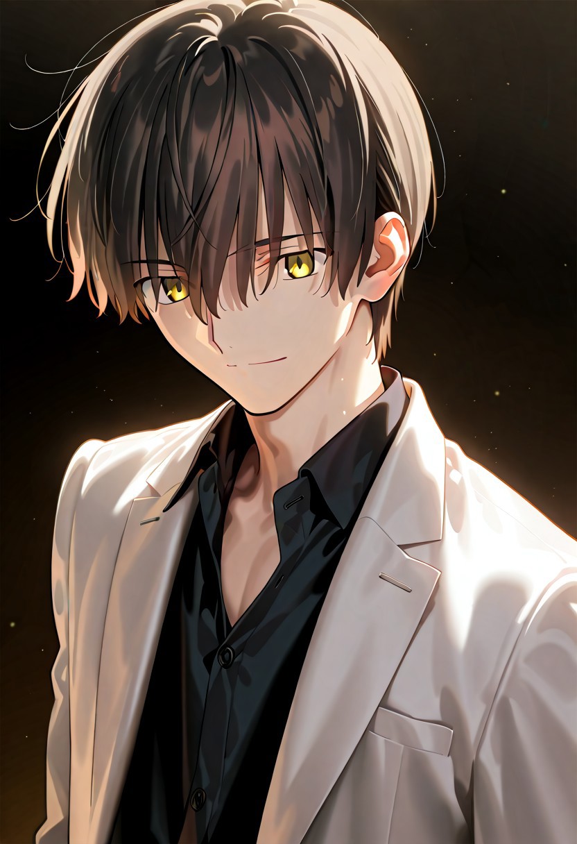 ((masterpiece, best quality, amazing quality, very aesthetic, absurdres)), 
Takeuchi takashi, ((solo)), calm, smile, closed mouth, 1boy, solo, peaceful, closed mouth, slim_build, detailed eyes, (((yagami_light face))), (((black hair, yellow eyes))), ((short hair, hair between eyes)), (((white suit, open suit, black shirt, collared shirt, black slacks))), no background, dark background, sideshot, cowboy shot, dark background, portrait,