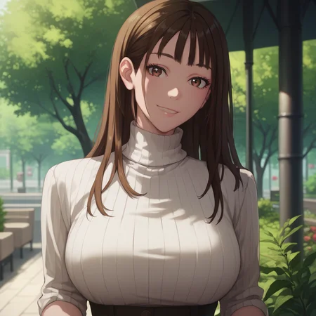 <lora:SlimesBomi:1>, score_9, score_8_up, score_7_up, slimes_bomi, woman, solo, park background, brown eyes, white turtleneck, looking at viewer, waist up shot, large breasts, smiling