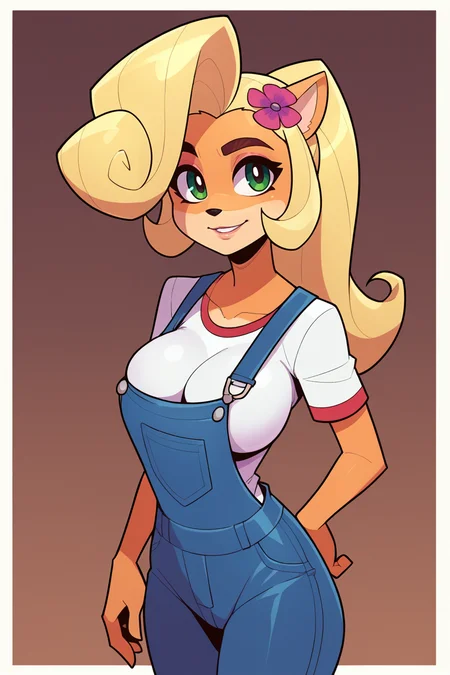 score_9, score_8_up, score_7_up, BREAK, <lora:balsamique-guy-PONYv1:1>, 1girl, solo, coco bandicoot, overalls, shirt, breasts,