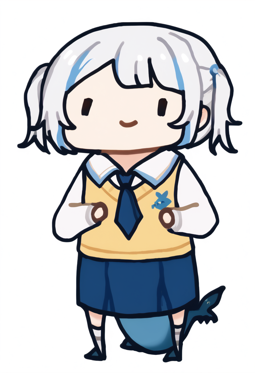 score_9, score_7_up, <break> chibi, simple background, white background, full body, solo, 1girl, gura_school, smile, standing, blue skirt, collared shirt, necktie, yellow vest, shark tail