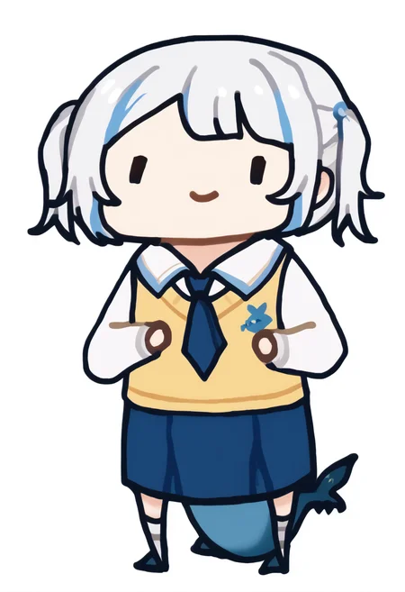 score_9, score_7_up, <break> chibi, simple background, white background, full body, solo, 1girl, gura_school, smile, standing, blue skirt, collared shirt, necktie, yellow vest, shark tail