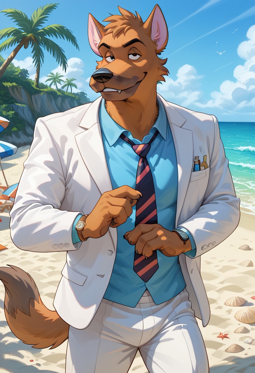 score_9, score_8_up, score_7_up, (AceHart), german shepherd, solo, 1boy, ((expressive)), ((body movement, hand movement)), outdoors, in backroom, cocky smile, smile, teeth, holding dink in hand, chilling near beach bar, sunny, sand, beach scenery, blue shirt, white suit jacket, black tie, detailed bedroom, hi res, perfect face, best artwork, highly detailed