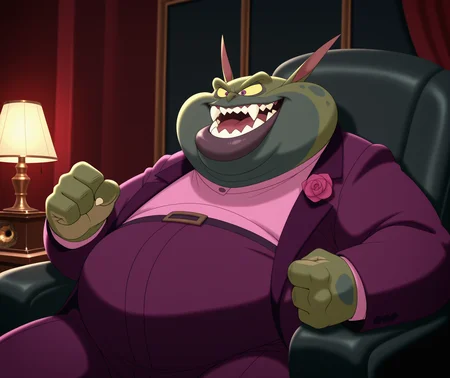 masterpiece, best quality, amazing quality, smile, solo, 1boy,thick lips, sharp teeth, phonograph, fat man, pointy ears, fangs, male focus, 1boy, yellow sclera, open mouth, pink shirt, chair, lamp, purple eyes, sharp teeth, long sleeves, corsage, green skin,  formal, SJSwackhammer, purple suit, clenched hand, colored skin  <lora:SpaceJamSwackhammer:1>