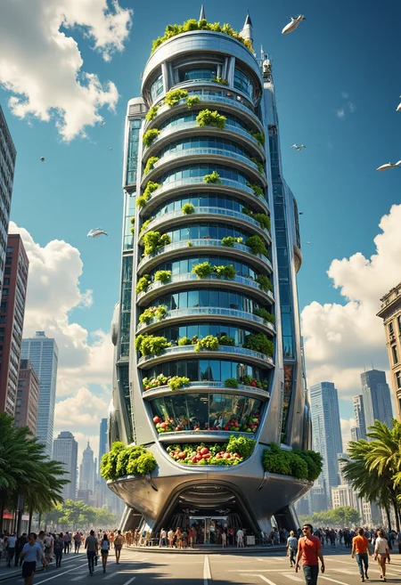 yfg-l@ugh salad, Digital illustration of a futuristic building (tall, cylindrical structure with multiple levels), top level has a curved roof with multiple windows, while the bottom level has multiple levels with multiple balconies arranged in a grid-like pattern, multiple layers of glass panels, the bottom level of the building has a large, angular shape, with a pointed nose and a curved body, futuristic cityscape inspired by Syd Mead :: hyperrealistic, hyper detailed, photorealistic :: masterpiece, incredible composition, amazing depth, imposing, meticulously composed, high definition.