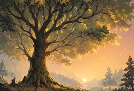 score_9, score_8_up, score_7_up, score_6_up, lanscape, very Peaceful, forest, large and tall trees, giant forest, sunset central focus is an ancient old oak tree
