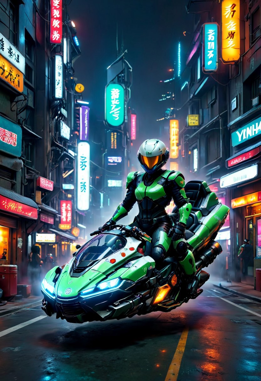 sci-fi, cyberpunk, vehicle, yamaha, hover_bike, multicolored, ((wheelless motorcycle)), (no wheels:1.25), cyborg helmet, city background, night,