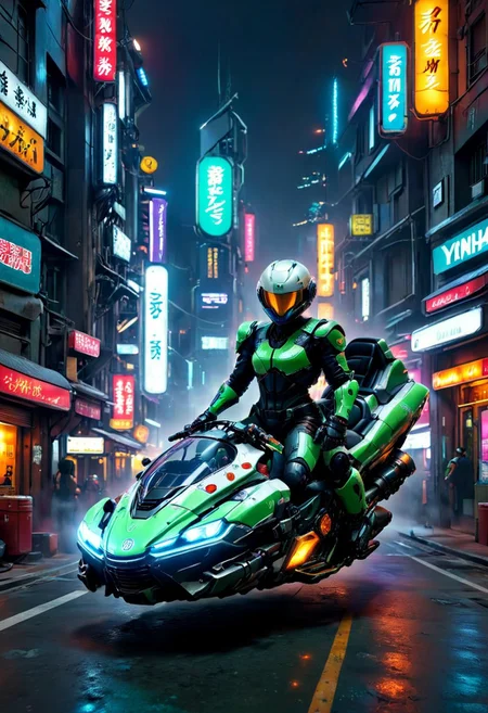 sci-fi, cyberpunk, vehicle, yamaha, hover_bike, multicolored, ((wheelless motorcycle)), (no wheels:1.25), cyborg helmet, city background, night,