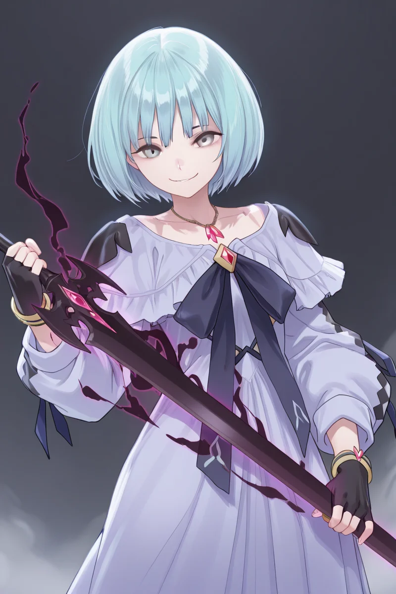 masterpiece, best quality, amazing quality,
<lora:Uta_IL:1> uta, 1girl, solo, smile, short hair, jewelry, necklace, fingerless gloves, looking at viewer, blue hair, dress, grey eyes, reflector, holding weapon, holding sword, holding, dark magic sword