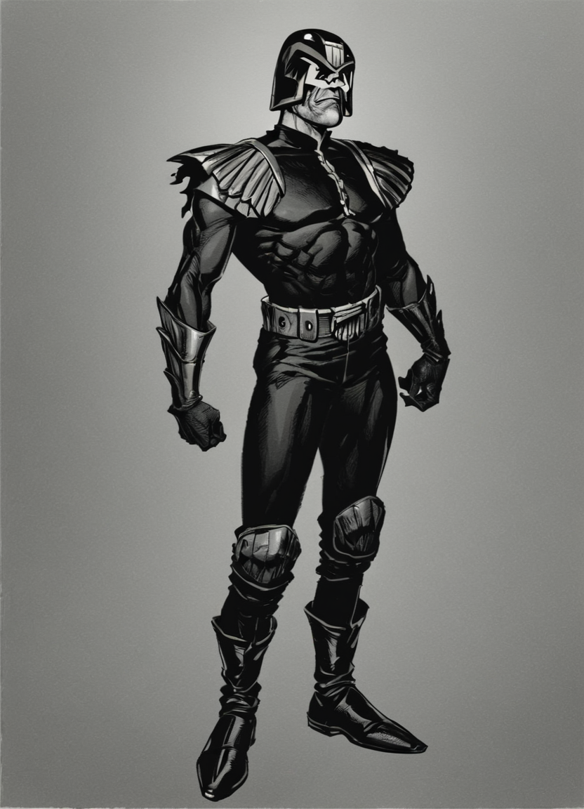 pencil drawing, man,jdgdrddcom, helmet, uniform, boots, grim expression, dark room, dark, hard shadows, monochrome, hard light, full body portrait, manly, retro artstyle,
 <lora:Judge_Dredd_Comic_Style_Pony_SDXL:0.8> <lora:Dark_Novel:0.8>, score_9, score_8_up, score_7_up,