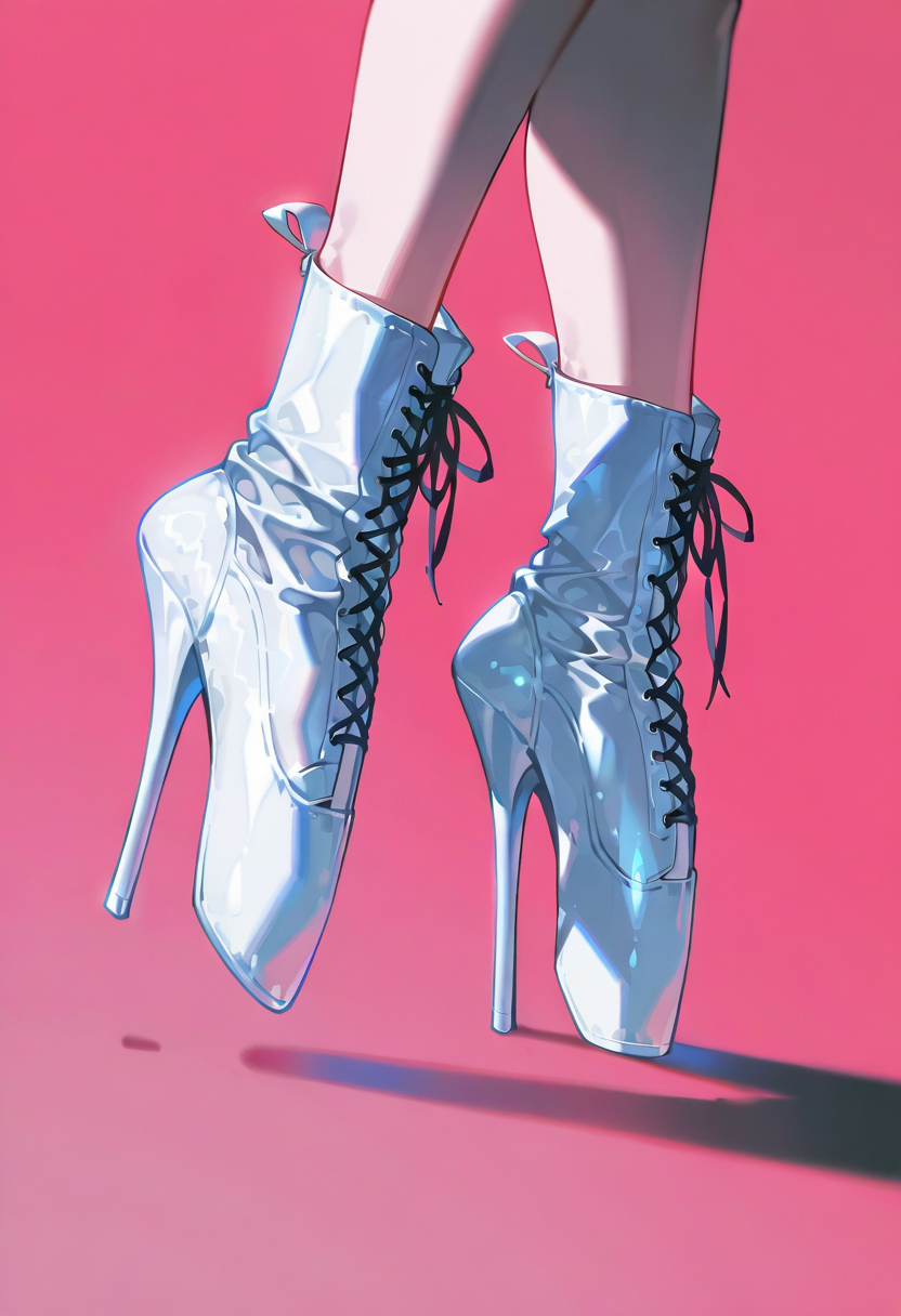 ballet heels, high heels, ankle boots,1girl, lower body, konya_karasue,pink background,