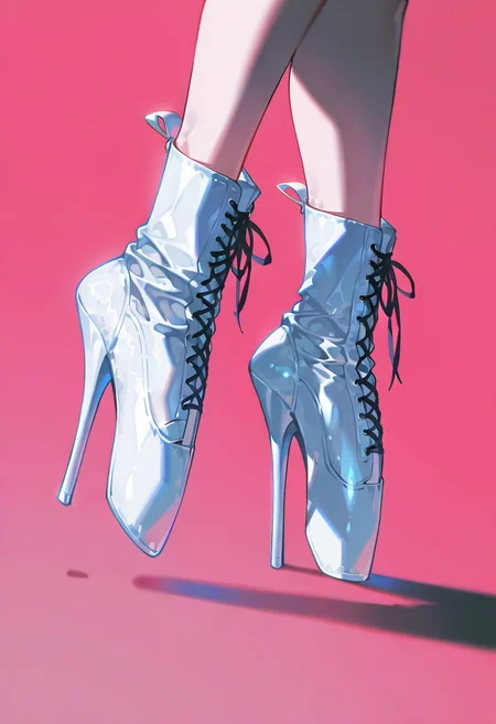 ballet heels, high heels, ankle boots,1girl, lower body, konya_karasue,pink background,