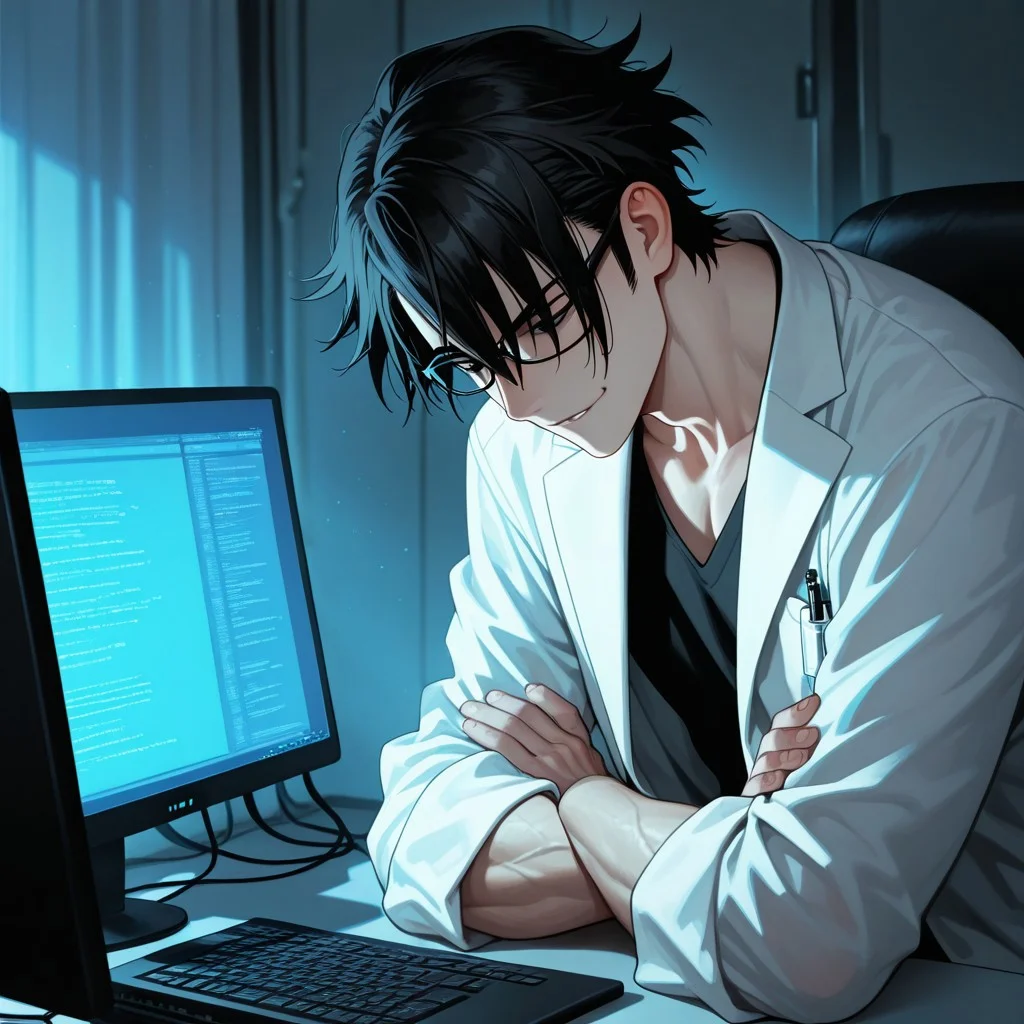 masterpiece, best quality, amazing quality, absurdres, newest, detailed background, definition so sharp, Ultra-HD, 8K cinematic, very awa, impressionate, amazing quality, highres,
solo, male focus, manly,
saruhikofushimi, saruhiko_black hair, saruhiko_black eyes, 1boy, short hair, glasses, looking down, smirk, crossed arms, lab coat, computer screen, data stream, cool lighting, focused, calculating, intelligent, slightly intimidating, charming