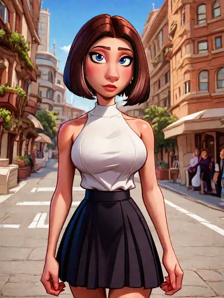 <lora:colettetatou-05:1> ( colettetatou:1.1), cowboy shot, bob cut, brown hair, blue eyes
BREAK
black crop top, black skirt, bare belly, bare shoulders, large breast, curvy,
high res image,masterpiece,best quality,girl,cute face,clear skin,shiny hair,ultra detailed eyes,street city background, <lora:r0bbr0wnXLP:1> r0bbr0wn