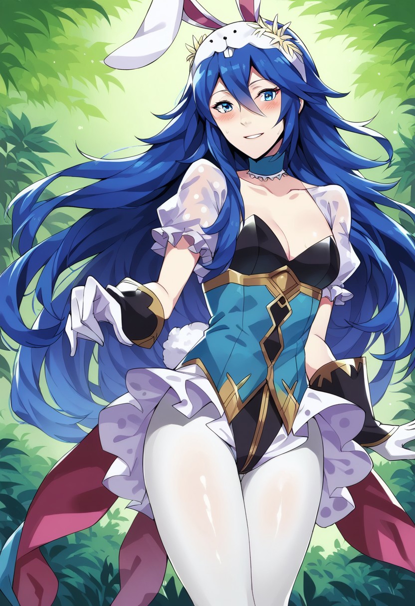 score_9, score_8_up, score_7_up,  <lora:dannex009:1>, uncensored, 1girl, LucinaBunny, blue hair, blue eyes, long hair, rabbit ears, playboy bunny, leotard, white pantyhose, gloves, rabbit tail, forest, solo, look at viewer