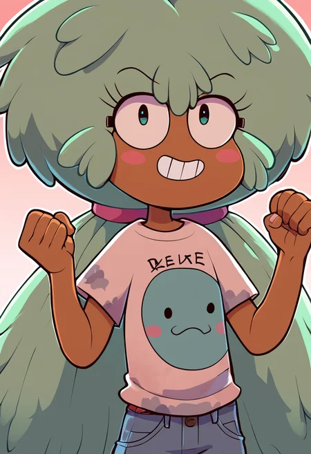 score_9,score_8_up,score_7_up,score_6_up,score_5_up,score_4_up,<lora:Kelly_from_Star_VS_The_Forces_Of_Evil_SVTFOE:1>,1 girl,kelly,green hair,dark skin,twintails,smile,t-shirt,clothes writing,pants,blush stickers,print shirt,clenched teeth,long hair,clenched hands,low twintails,