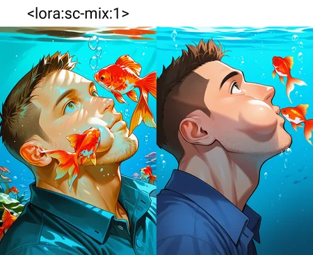 1boy,mature male,collared shirt,goldfish,brown hair,crew cut,stubble,underwater,cheek bulge,close-up,surprised,looking up,
masterpiece,best quality,amazing quality,<lora:sc-mix:1>,