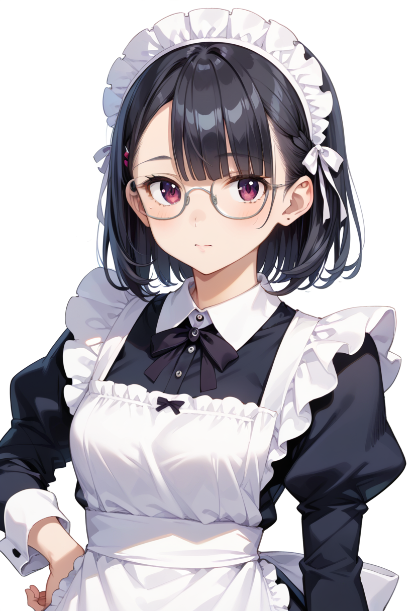 score_9, score_8_up, score_7_up, rating_safe, masterpiece, best quality, absurdres, unity 8k wallpaper, official art, official style, source_anime, uncensored, game cg, megami magazine,
1girl, solo, black hair, medium hair, upper body, covered eyes,maid, maid headdress, black dress, maid apron,
g-boston19A, glasses, simple background, white background, silver-framed eyewear,
<lora:glasses_boston19A_PONY_V1:1>