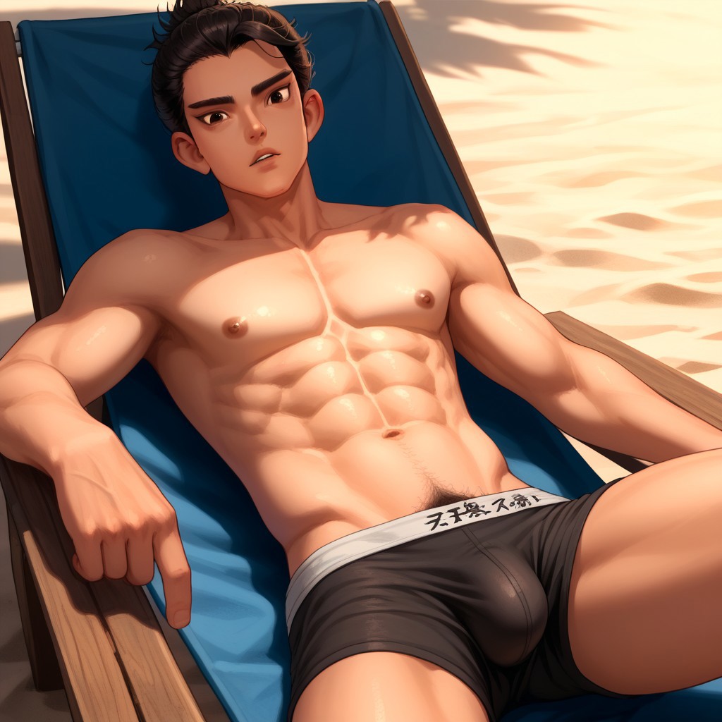 score_9, score_8_up, score_7_up, 1boy, solo, LiYunxiang, asian boy, black hair, ponytail, brown eyes, raise eyebrows, young man, parted lips, dynamic angle, looking at viewer, male model leaning back, relaxed, relaxing in a beach chair, confident, abs, pecs, nipples, v-line, underwear, bulge, pubic hair, relaxed and carefree vibe, outdoors, beach, sunlight, high quality, hd render,