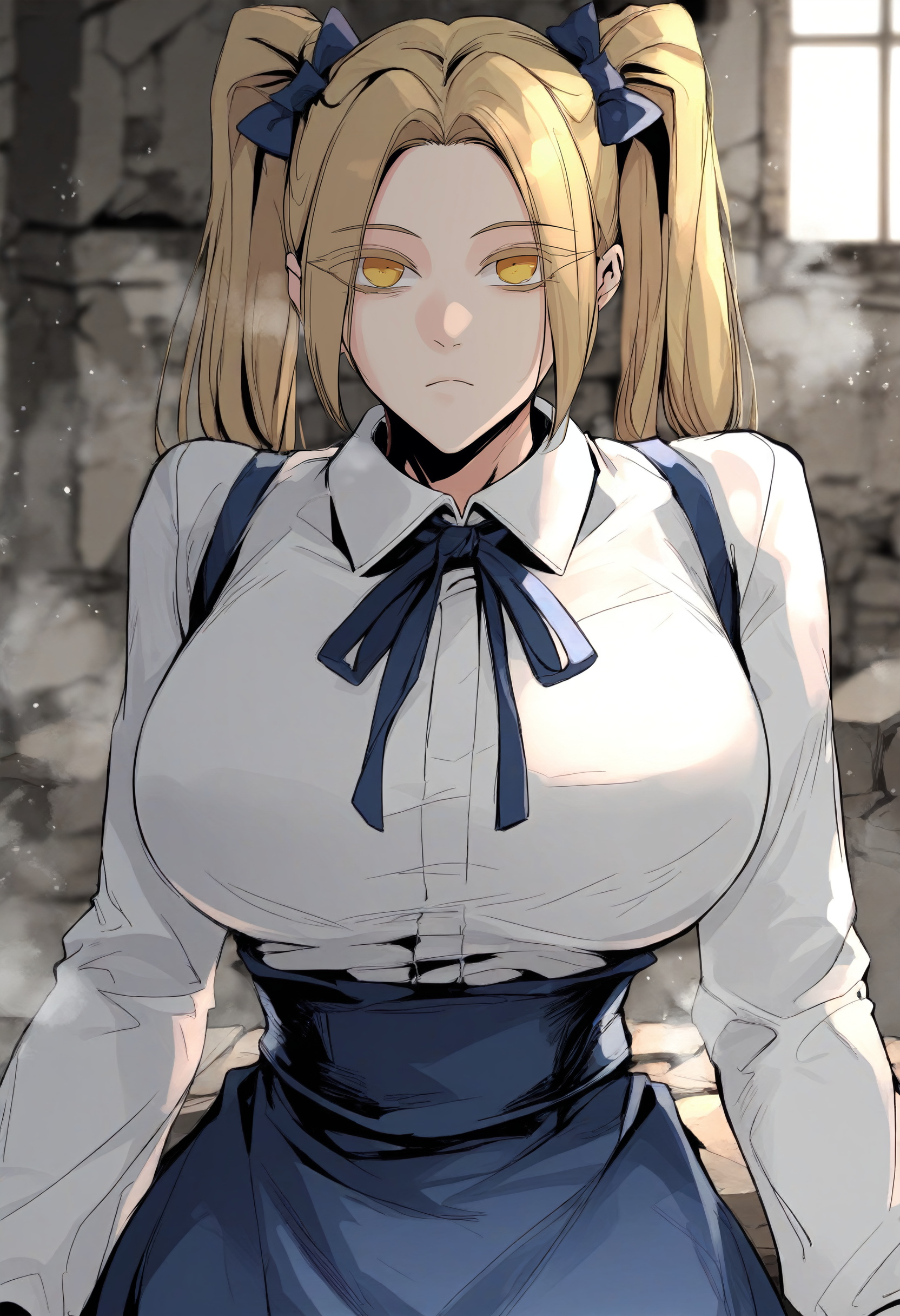 score_9, score_8_up, score_7_up, score_6_up, source_anime, rating_explicit, 1girl, solo, huge breasts, <lora:Rachel Sinclair prefectPonyxl:1>yellow eyes, blonde hair, long hair, twintails, hair bow, blue bow, parted bangs, colored eyelashes, white shirt, collared shirt, blue ribbon, neck ribbon, long sleeves, high-waist skirt, blue skirt, expressionless, Narrow shoulders, heavy breathing, steaming body ruins, indoors, looking at viewer