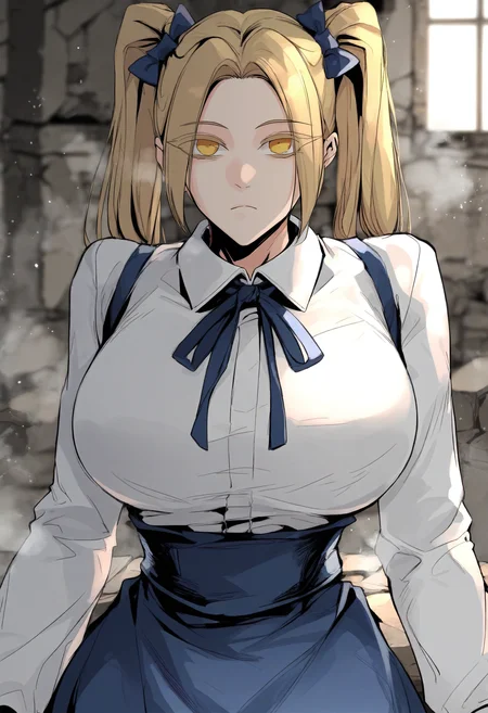 score_9, score_8_up, score_7_up, score_6_up, source_anime, rating_explicit, 1girl, solo, huge breasts, <lora:Rachel Sinclair prefectPonyxl:1>yellow eyes, blonde hair, long hair, twintails, hair bow, blue bow, parted bangs, colored eyelashes, white shirt, collared shirt, blue ribbon, neck ribbon, long sleeves, high-waist skirt, blue skirt, expressionless, Narrow shoulders, heavy breathing, steaming body ruins, indoors, looking at viewer