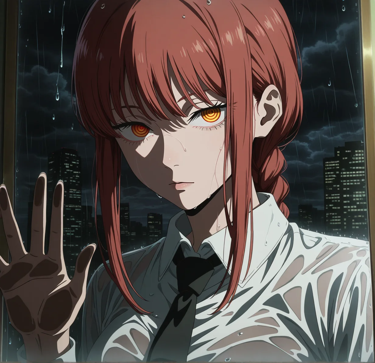 1girl,solo,looking at viewer,frown,serious expression,expressionless,makima (chainsaw man),red hair,braid,braided ponytail,long bangs,long sidelocks,eyelashes,yellow eyes,black necktie,collared shirt,white shirt,close-up,hand gesture,one hand on glass:1,(reflection:1.3),skyscraper,rain,drops of water,wet glass,dark sky,dark clouds,indoors,(dark:1.2),(shadow:1),dim lighting,moody atmosphere,detailed background,dark tones,shadows,sharp lines,high contrast,dramatic lighting,mysterious setting,Anime Screencap,anime coloring