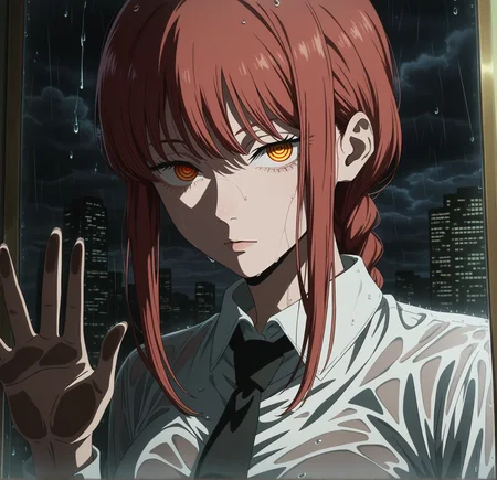 1girl,solo,looking at viewer,frown,serious expression,expressionless,makima (chainsaw man),red hair,braid,braided ponytail,long bangs,long sidelocks,eyelashes,yellow eyes,black necktie,collared shirt,white shirt,close-up,hand gesture,one hand on glass:1,(reflection:1.3),skyscraper,rain,drops of water,wet glass,dark sky,dark clouds,indoors,(dark:1.2),(shadow:1),dim lighting,moody atmosphere,detailed background,dark tones,shadows,sharp lines,high contrast,dramatic lighting,mysterious setting,Anime Screencap,anime coloring