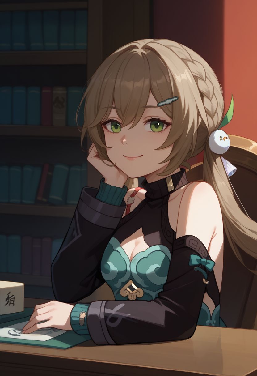 score_9, score_8_up, score_7_up, source_anime, 1girl, qingquedef, green eyes, brown hair, long hair, twintails, braid, hair ornament, hairclip, small breasts, bare shoulders, shoulder cutout, clothing cutout, cleavage cutout, turtleneck, dress, long sleeves, skirt, tassel, mahjong tile, sitting, on chair, table, head rest, smile, closed mouth, looking at viewer, indoors, library, portrait, close-up, upper body, facing viewer, <lora:Qingque_v1-000010:1>