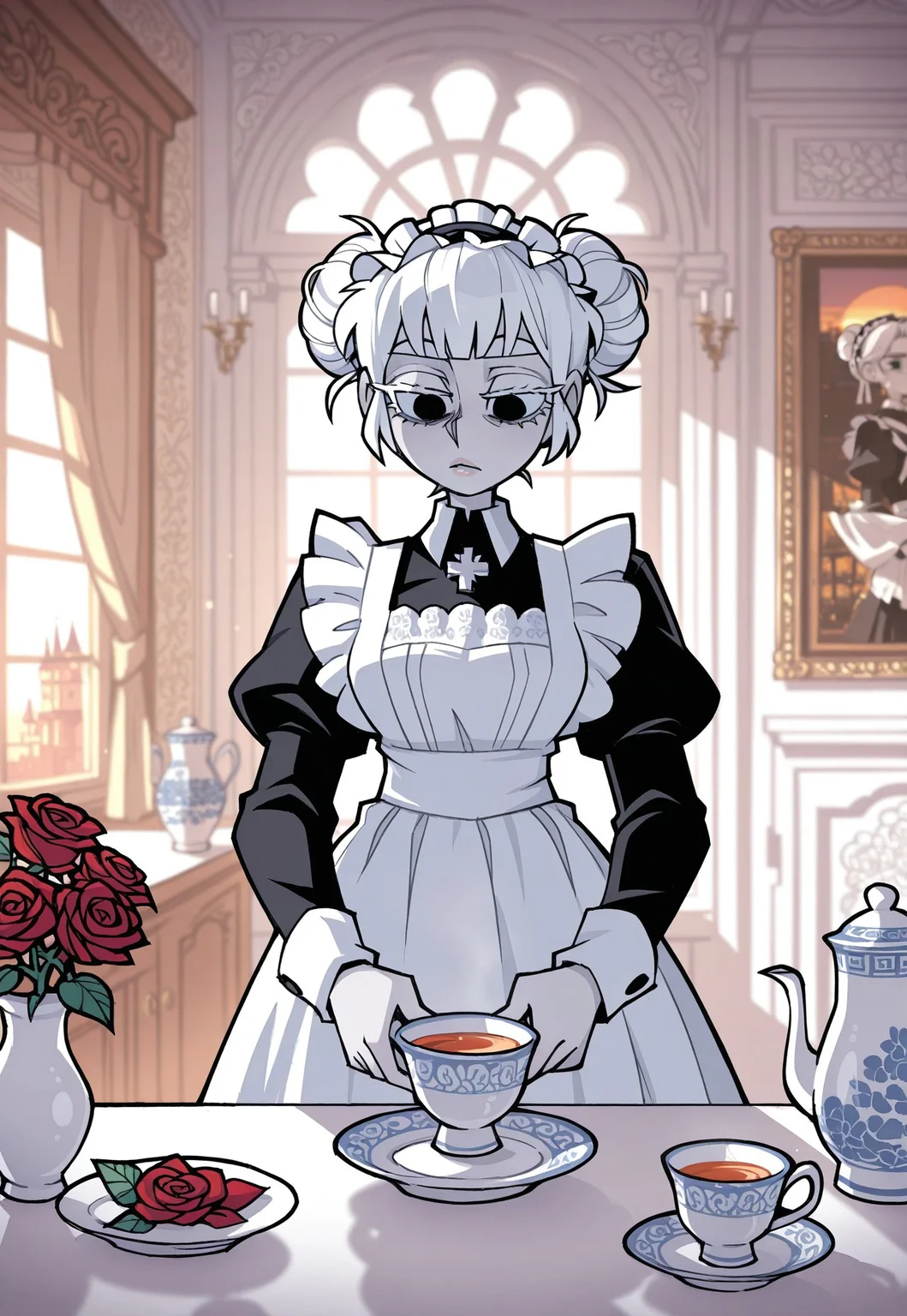 safe_pos, masterpiece, best quality, 1girl, solo, maid, maid apron, black dress, long sleeves, maid headdress, white embroidery, pale skin, red rose ornament on hair, glowing white hair, white eyelashes, white eyebrows, porcelain skin, black eyes, glossy lips, short hair, messy bun, double bun, goth make up, cute, preparing tea, indoors, baroque, chateau, porcelain, fancy paintings, morning, sunrise,
vanripper