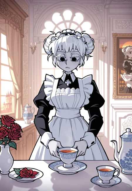 safe_pos, masterpiece, best quality, 1girl, solo, maid, maid apron, black dress, long sleeves, maid headdress, white embroidery, pale skin, red rose ornament on hair, glowing white hair, white eyelashes, white eyebrows, porcelain skin, black eyes, glossy lips, short hair, messy bun, double bun, goth make up, cute, preparing tea, indoors, baroque, chateau, porcelain, fancy paintings, morning, sunrise,
vanripper