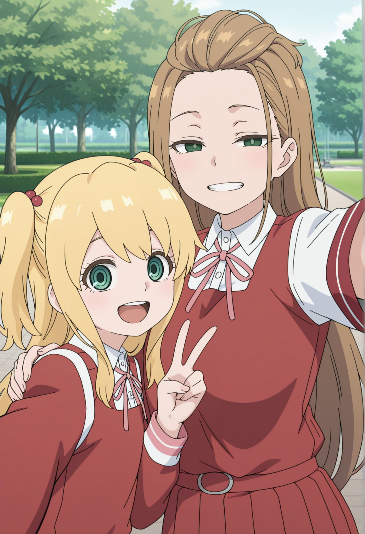 2girls, selfie, outdoors, park, 1girl, blonde hair, blue eyes, long hair, two side up, solo, red school uniform, v, hand on shoulders, flat chest, looking at viewer, smile, upper teeth only, upper teeth only, 
BREAK
2girls, selfie, outdoors, park, 1girl, very long hair, brown hair, green eyes, sidelocks, red school uniform, forehead, big breasts, teeth, v, half-closed eyes,   <lora:erika_and_momoka_otome:1>, masterpiece, best quality, amazing quality, very aesthetic, absurdres, highres, newest